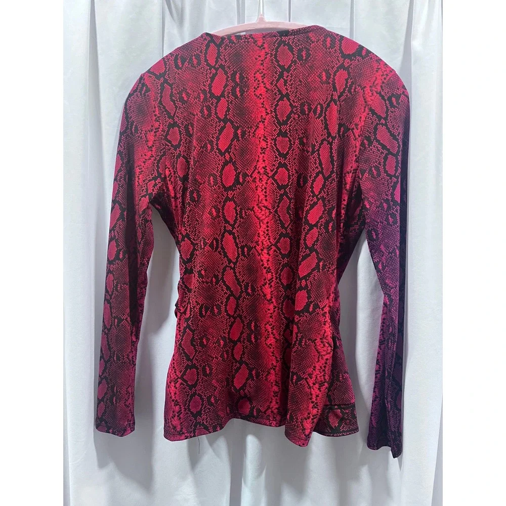 Michael Kors Womens Red Snakeskin Print Faux Wrap Long Sleeve Top Side Ruched M